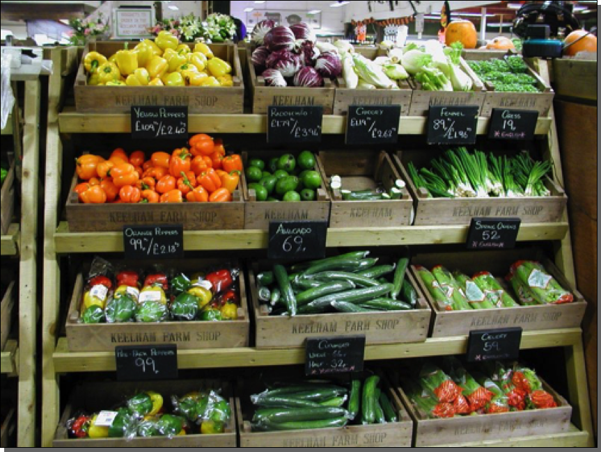 Repro quarter and half bushel boxes in Keelham farm shop, Bradford

